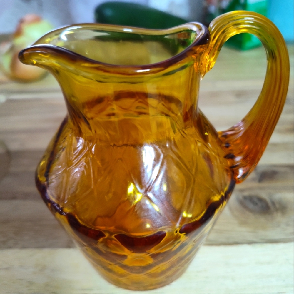 Vtg Fenton Amber Glass Diamond Optic Syrup Creamer Pitcher Ribbed Handle